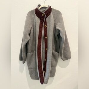 American Eagle Outfitters Gray and Maroon Lined Sherpa Button Up Longline Jacket